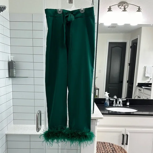 NADINE MERABI Emerald Green Feather Trim Satin Pajama Top - Picture 3 of 6